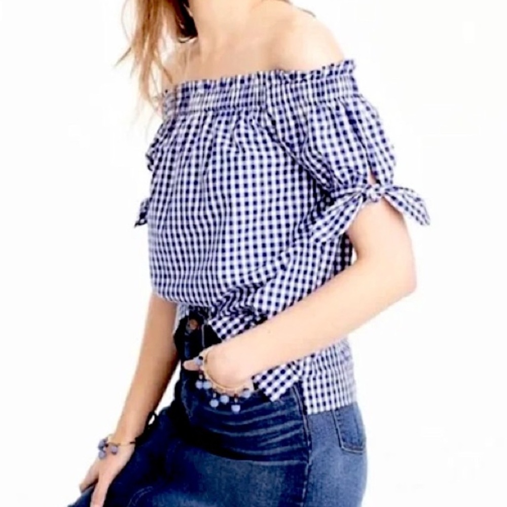 J.Crew Blue Gingham Plaid Off the Shoulder Top size 4